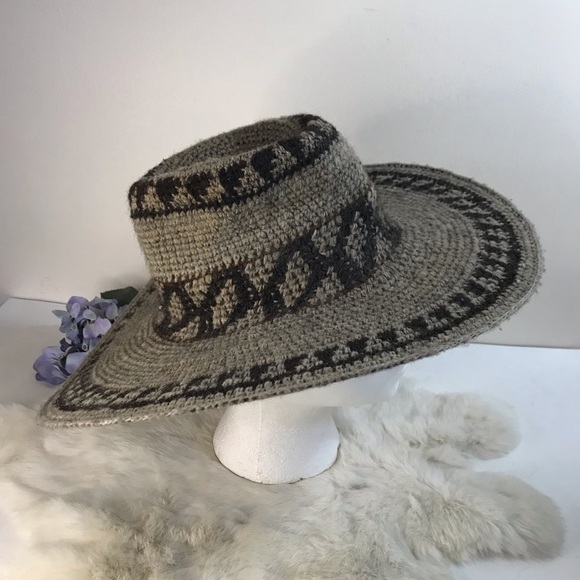 Vintage Mexican Wool Woven Wide Brim Hat Brown Gray Black Unisex - Picture 1 of 7